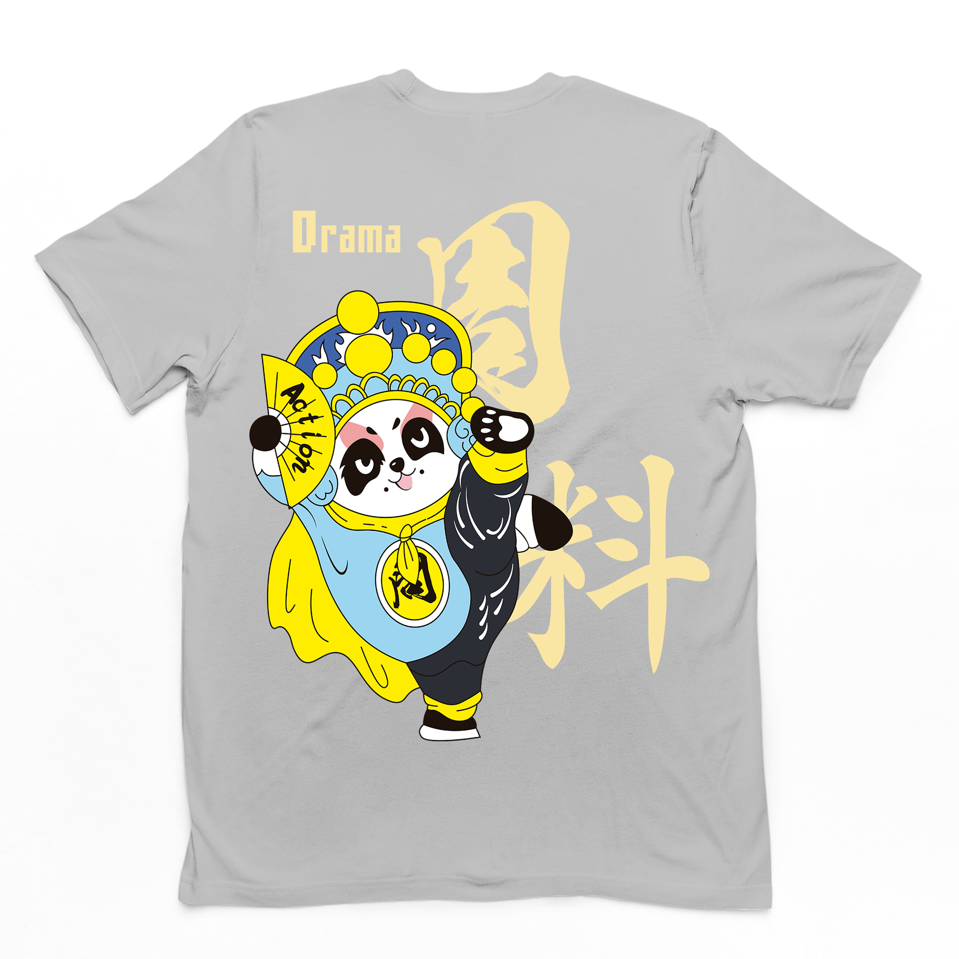 camiseta básica com estampa leque panda escrito drama em cima - Cinza