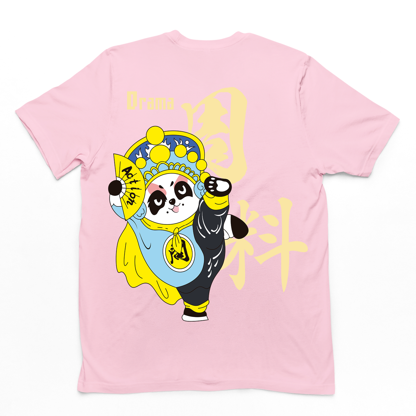 camiseta básica com estampa leque panda escrito drama em cima - Rosa Bebê