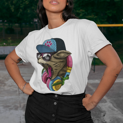 camiseta básica com estampa gatinho rapper- Branco