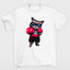 Camiseta básica com estampa de gato com luvas de boxe- Branco