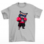 Camiseta básica com estampa de gato com luvas de boxe- Cinza