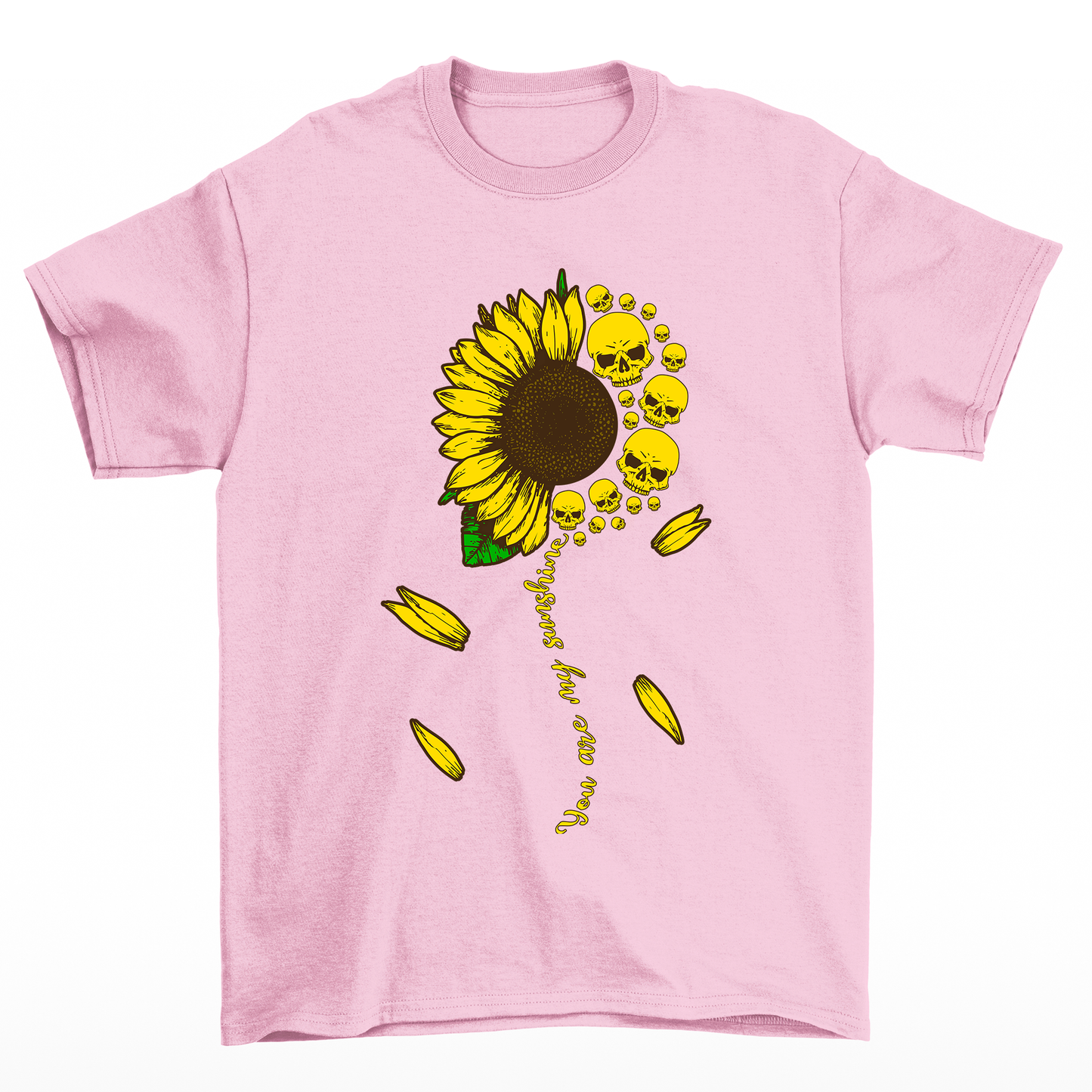 Camiseta Básica Girassol Skull Flower -  rosa bebê