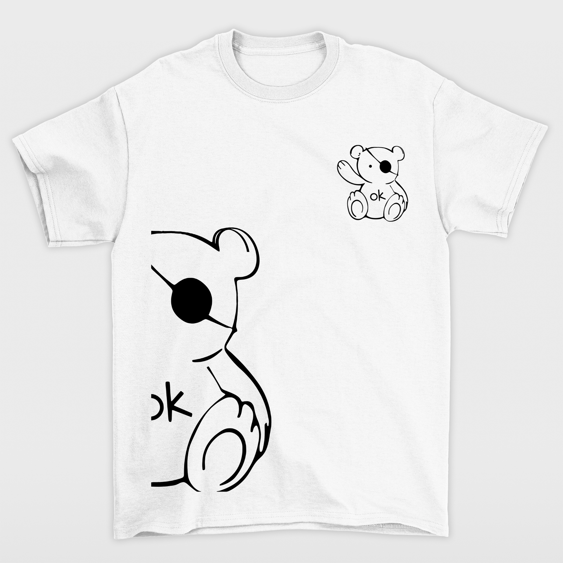 Camiseta Básica Feminina branca com Estampa Ursinho Acenando - Branco