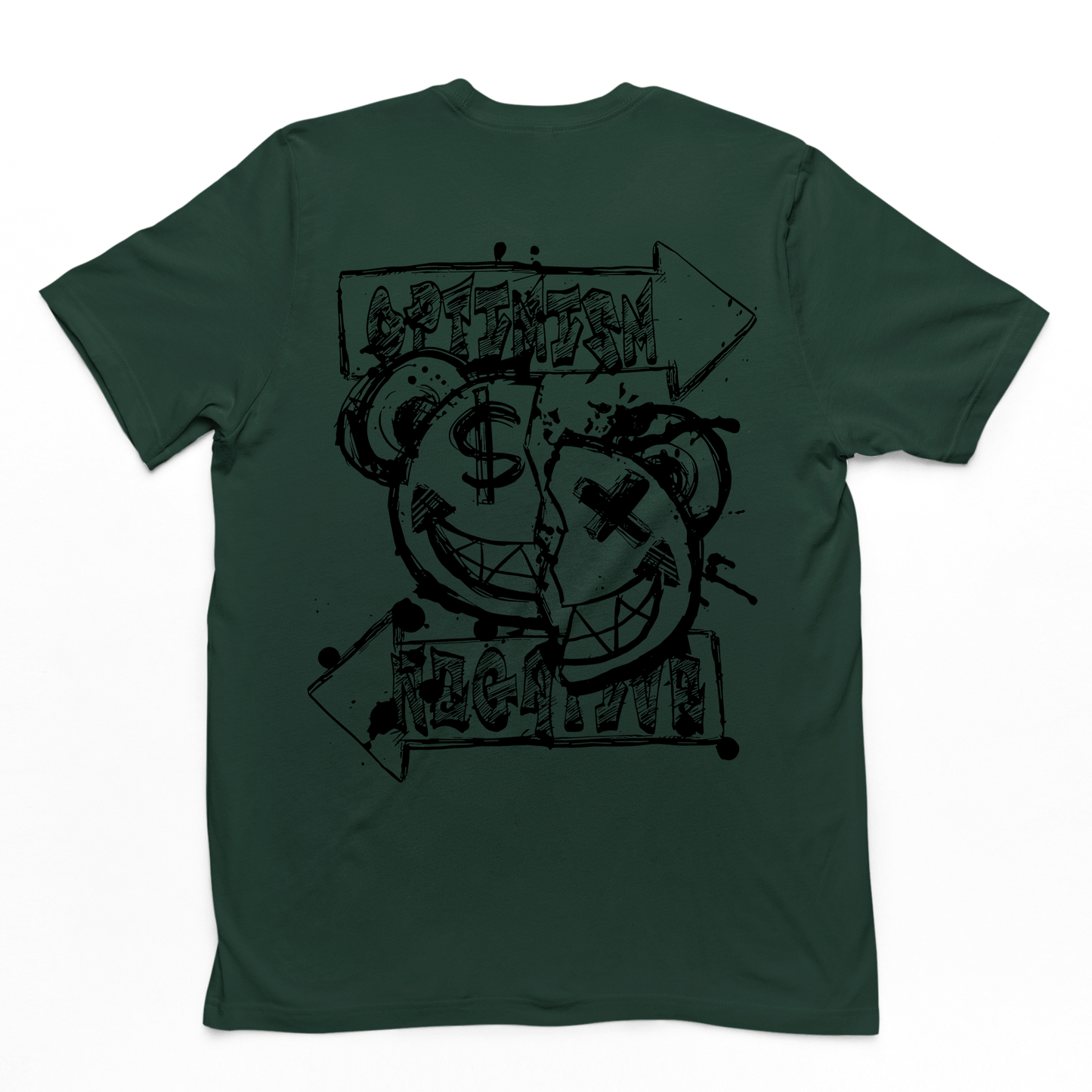 Camiseta Costa na cor verde com uma estampa nas costas um emoji feliz de urso rasgado ao meio money e x nos olhos