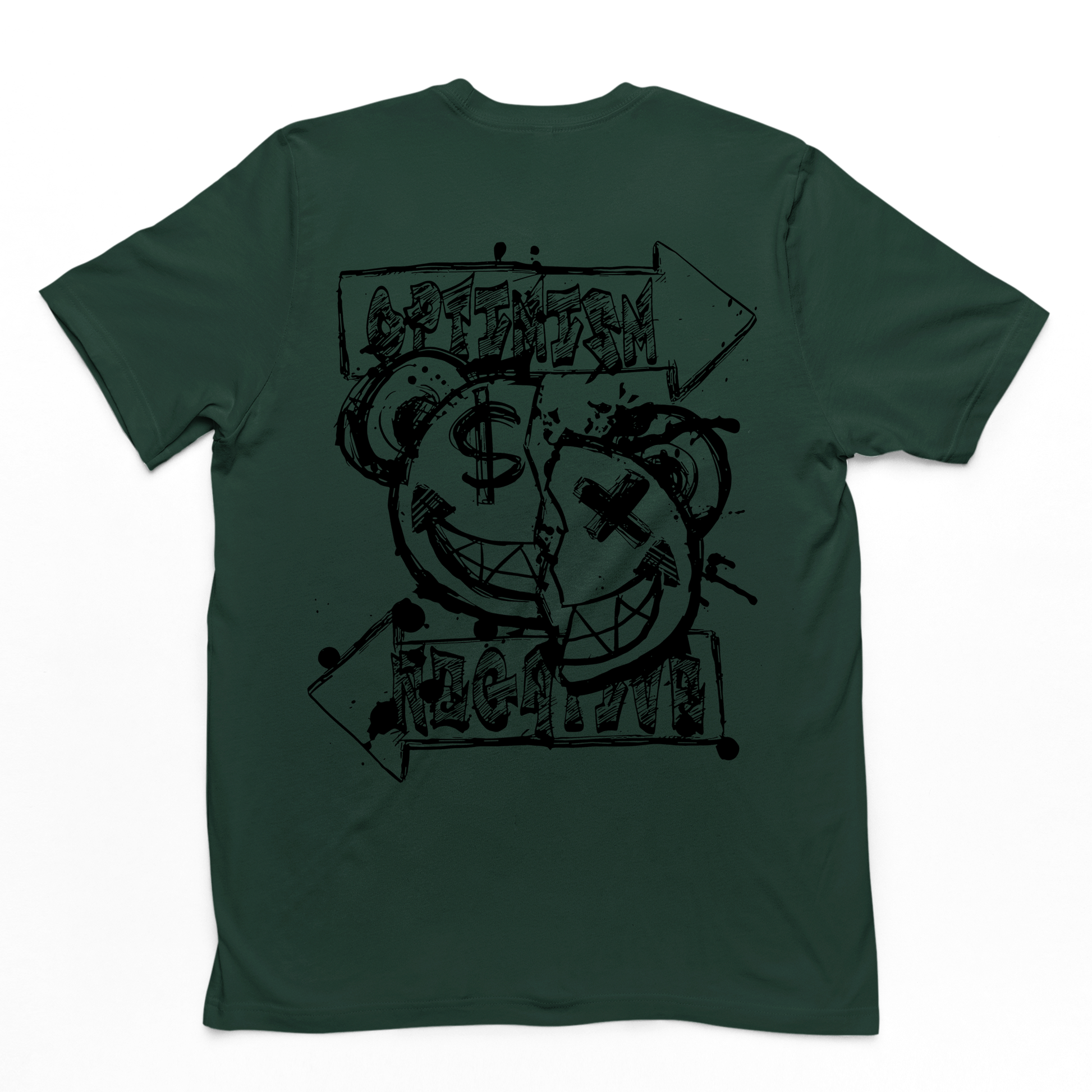 Camiseta Costa na cor verde com uma estampa nas costas um emoji feliz de urso rasgado ao meio money e x nos olhos