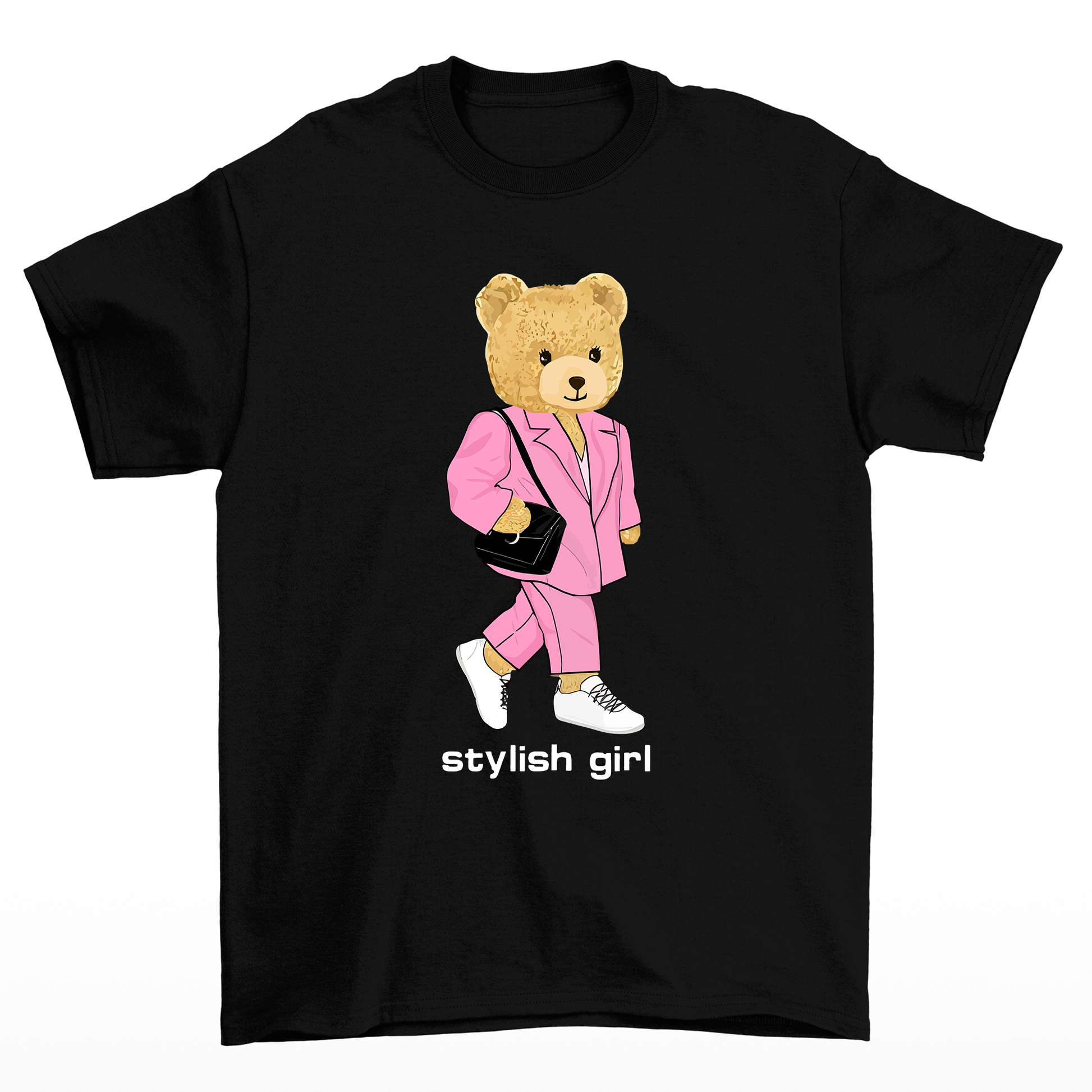camiseta básica preta ursinha de bolsa - Preto