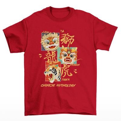 Camiseta Básica Unissex Chinese Mythology Beast - Vermelho