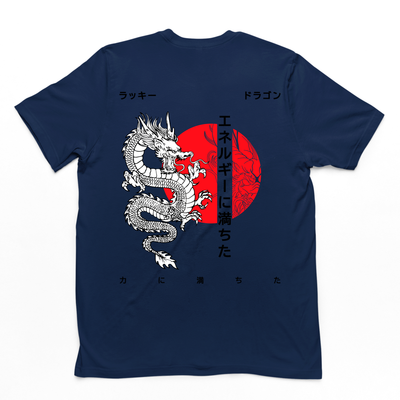 Camiseta Básica Unissex Dragão Japonês Style - Azul Marinho