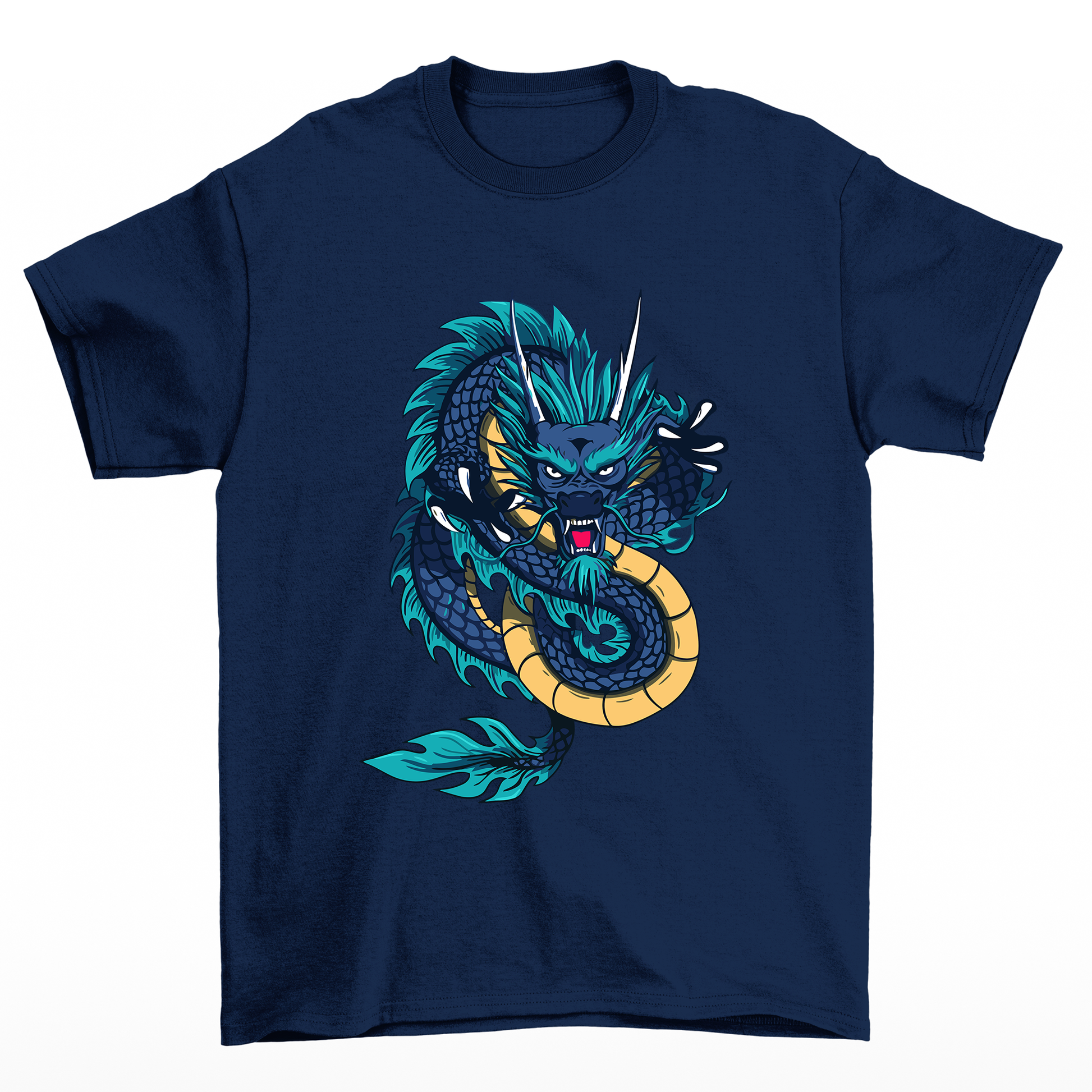 Camiseta Básica Unissex Dragon Print Japonêse -  Azul Marinho