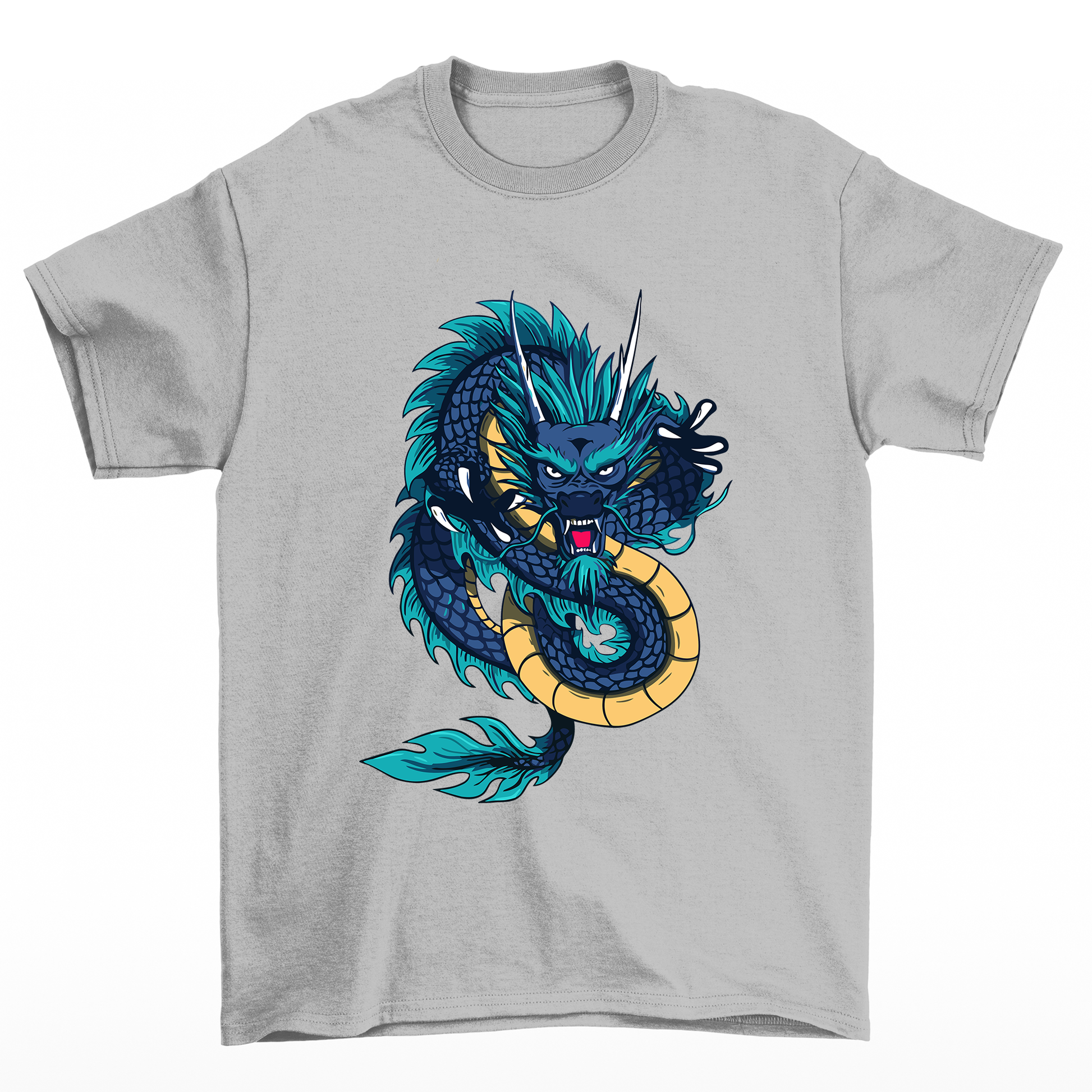 Camiseta Básica Unissex Dragon Print Japonêse - Cinza