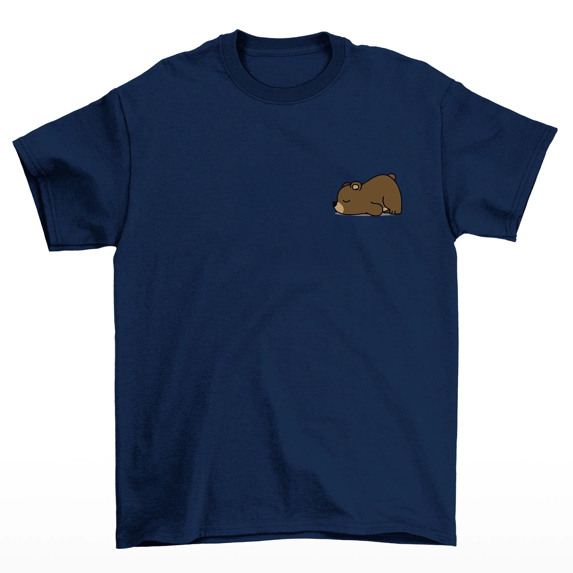 camiseta básica azul marinho com estampa de urso dormindo 