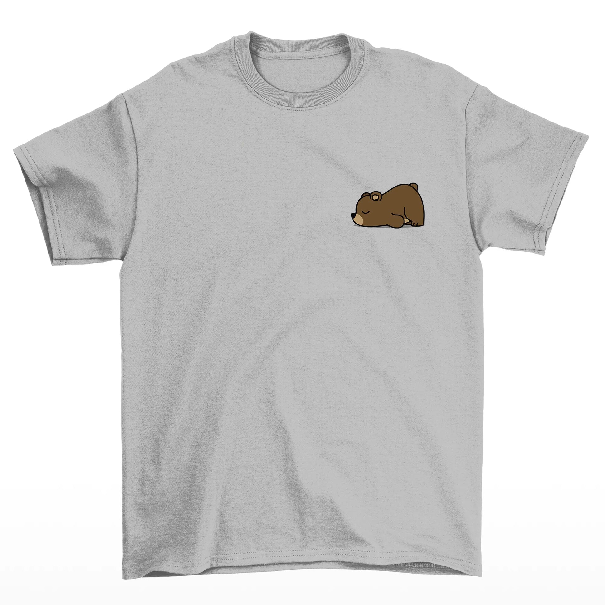camiseta básica cinza com estampa de urso dormindo 