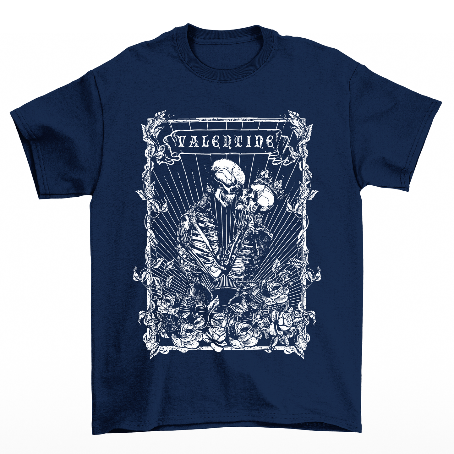 Camiseta Básica Feminina Valentine Skeleton Romance-  Azul-marinho