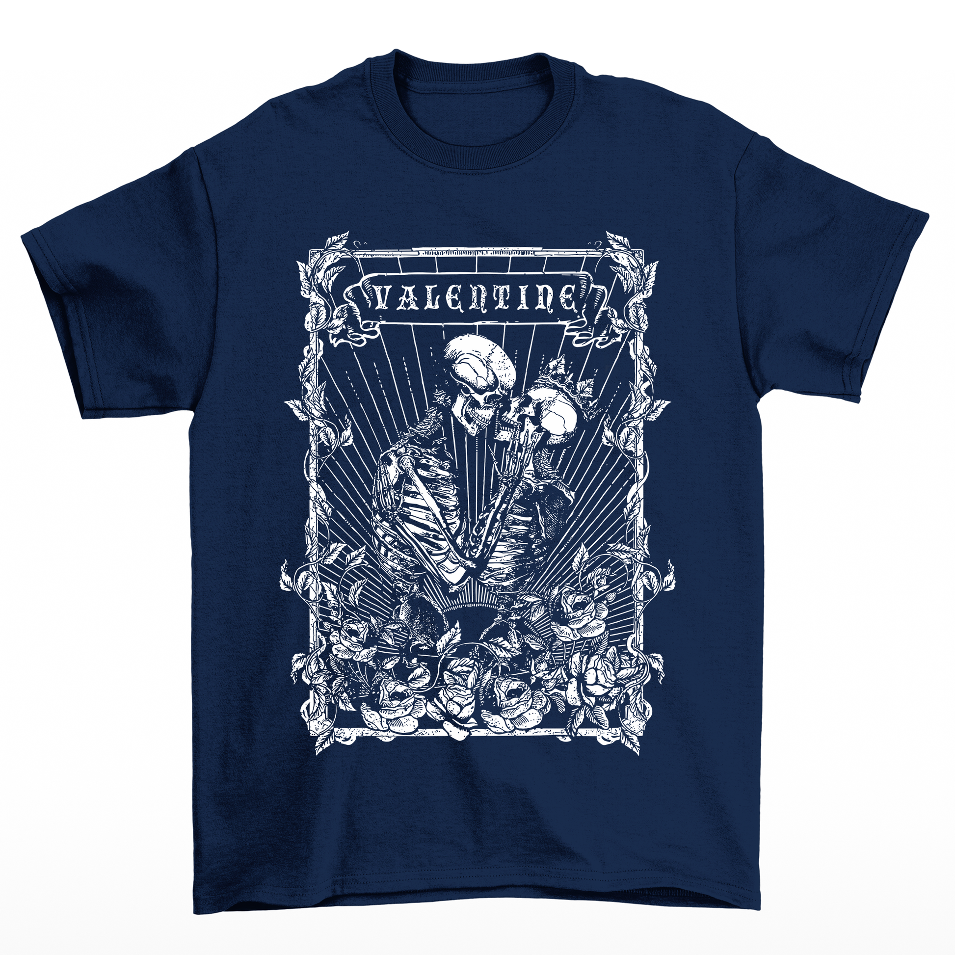 Camiseta Básica Feminina Valentine Skeleton Romance-  Azul-marinho