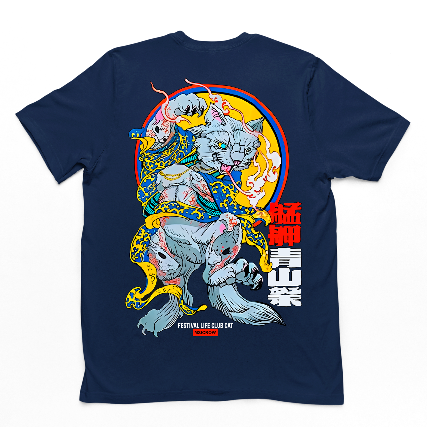 Camiseta Básica Com Estampa Japonês Gato DAnçando- Azul-marinho