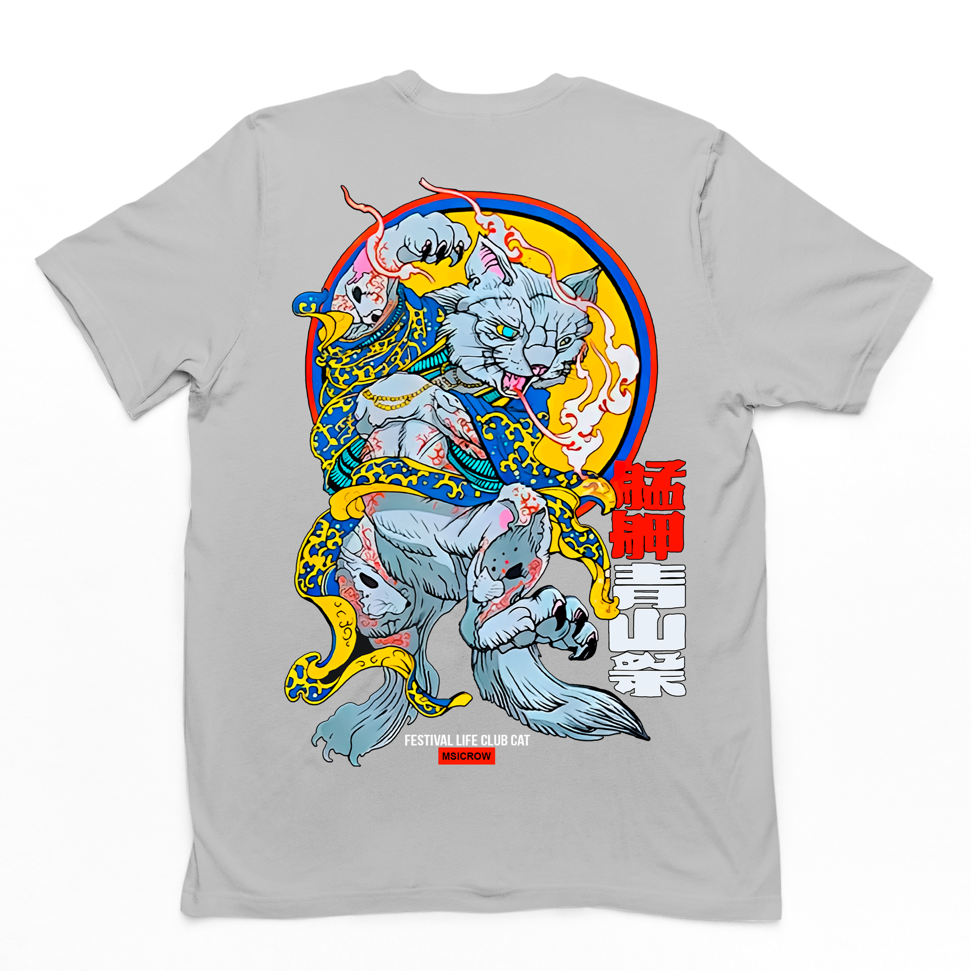 Camiseta Básica Com Estampa Japonês Gato DAnçando- Cinza