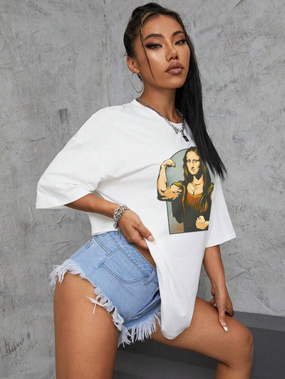 Camiseta Básica Feminina Com Estampa Monalisa Forte