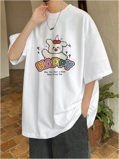 Camiseta Básica Unissex Com Estampa Cachorrinho Feliz - Branco