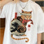 Camiseta Básica Unissex Com Estampa Gato Japonês Comendo Peixe- BRANCO