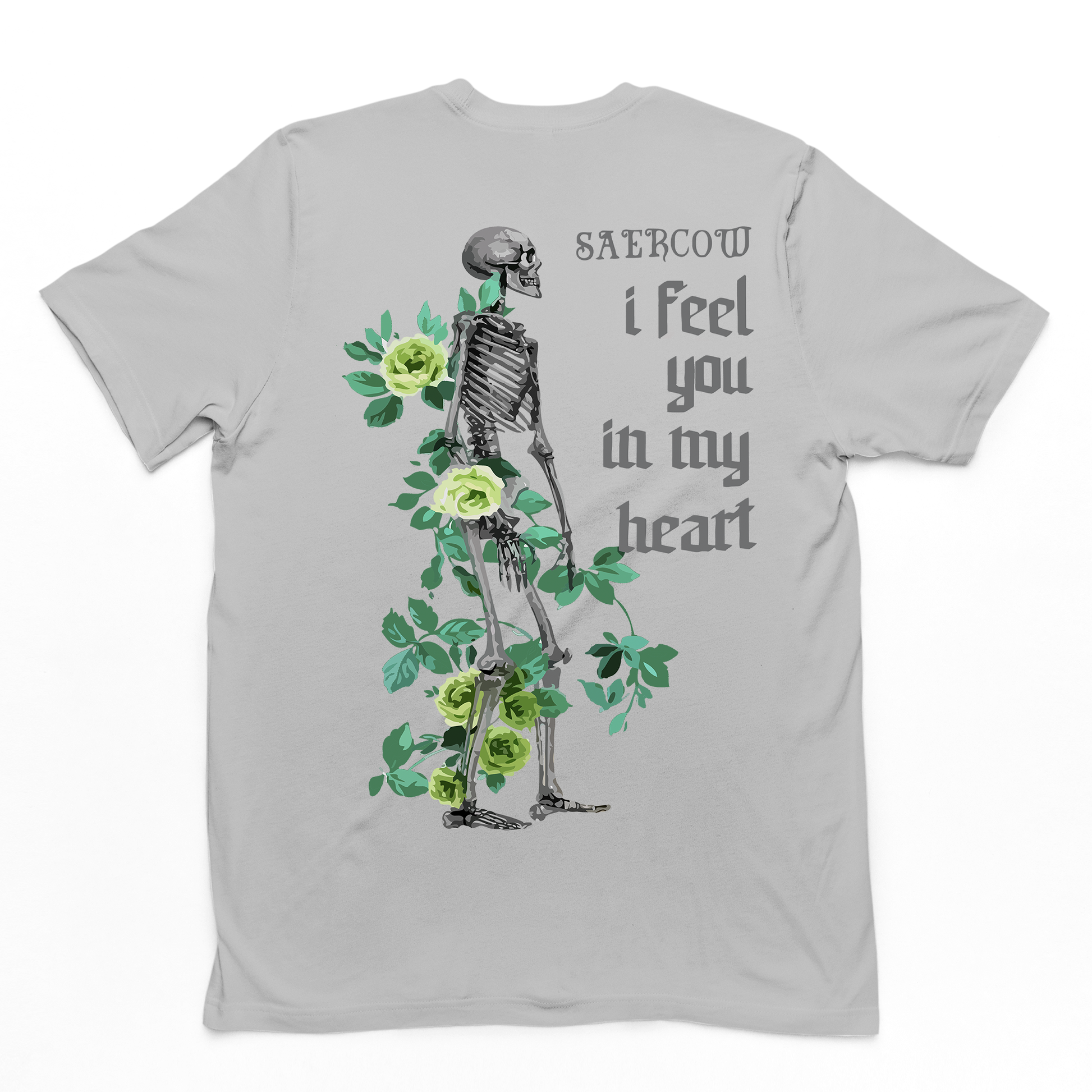 Camiseta Básica COm Estampa Esqueleto Flores- cinza
