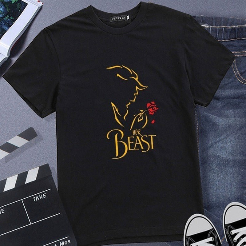 Camiseta Básica Casal Estampa Filme Bela E A Fera
