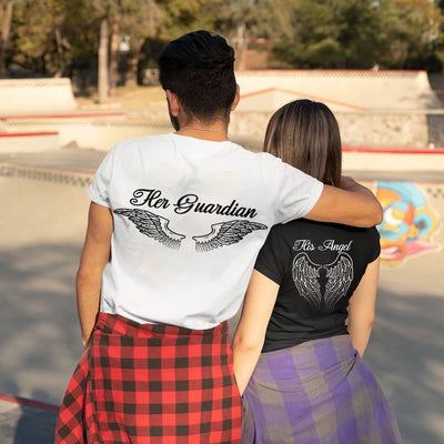 Camiseta Básica Casal Estampa Asas De Anjo - Preto e Branco