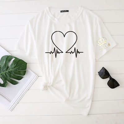 Camiseta Básica Unissex Estampa Batimentos Cardíacos - branco