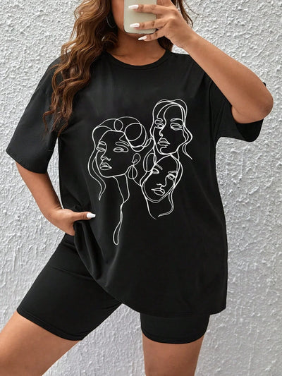 Camiseta Básica Feminina Com Estampa Rosto Abstrato Femino