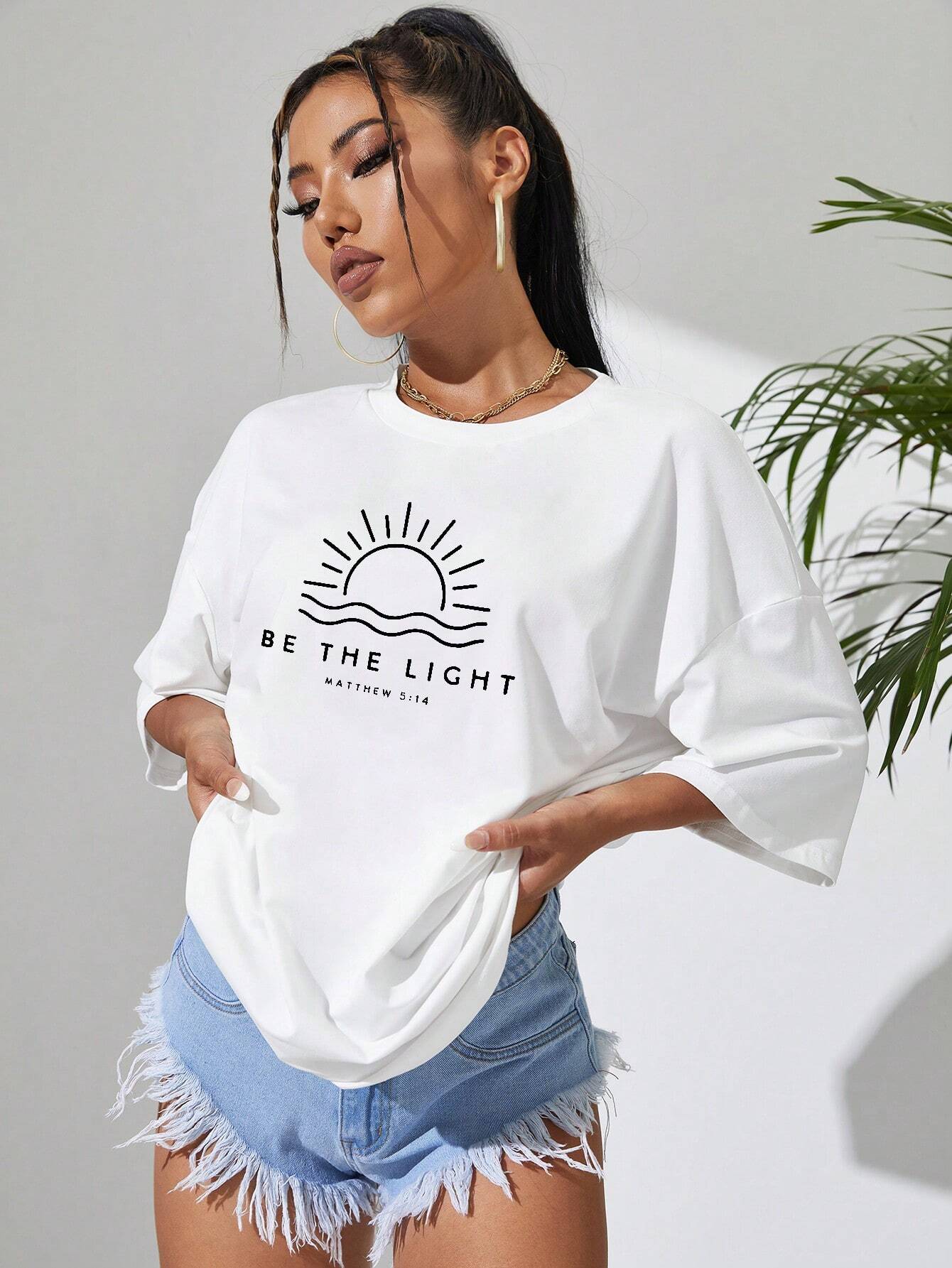 Camiseta Básica Feminina Com Estampa Por Do Sol- branco 