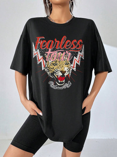 Camiseta Básica Feminina Com Estampa Tigre Feroz-preto