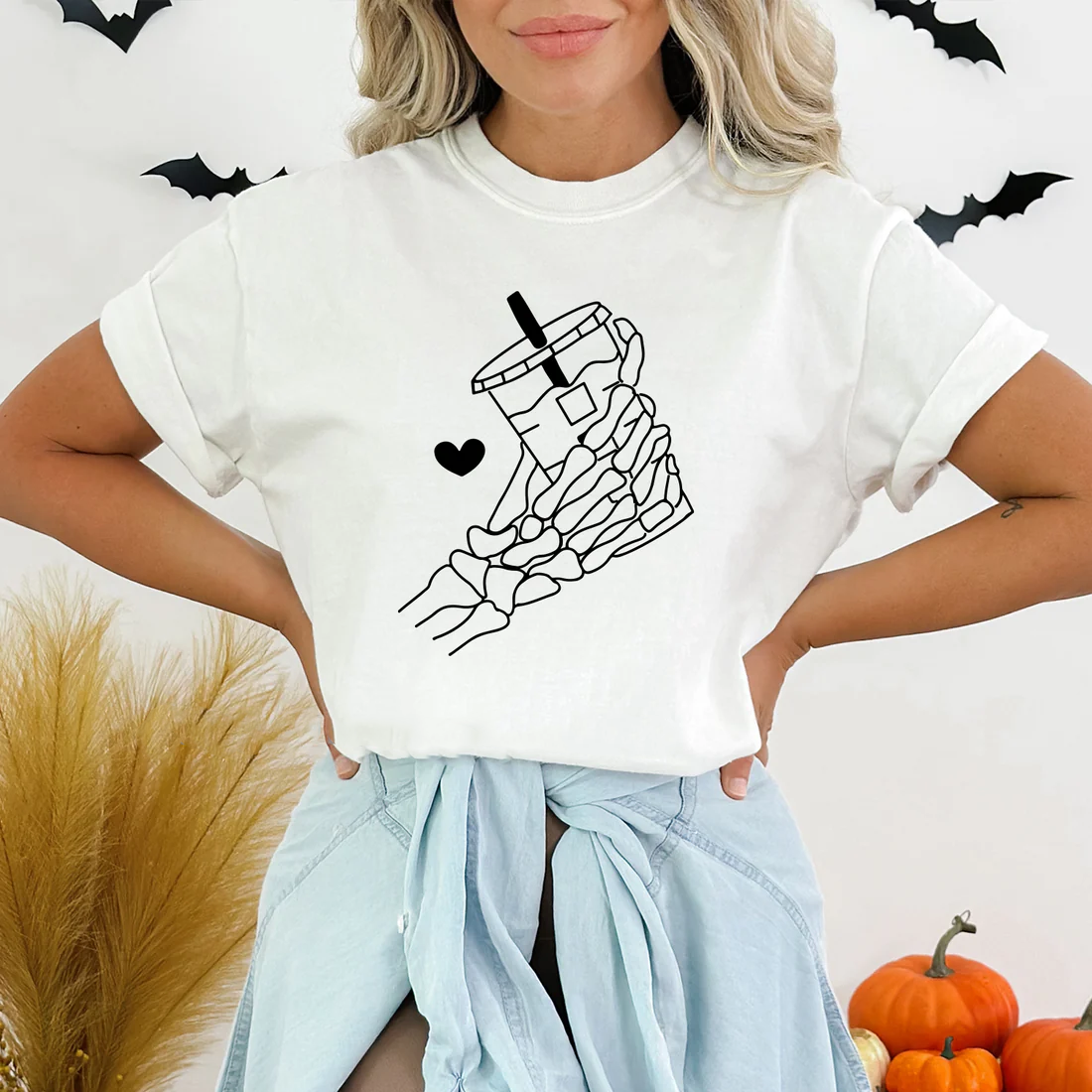 Camiseta Básica Halloween Skeleton Iced Coffee - branco