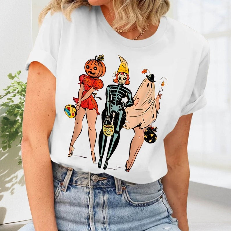 Camiseta Básica Halloween Vintage Pin Up - BRANCO
