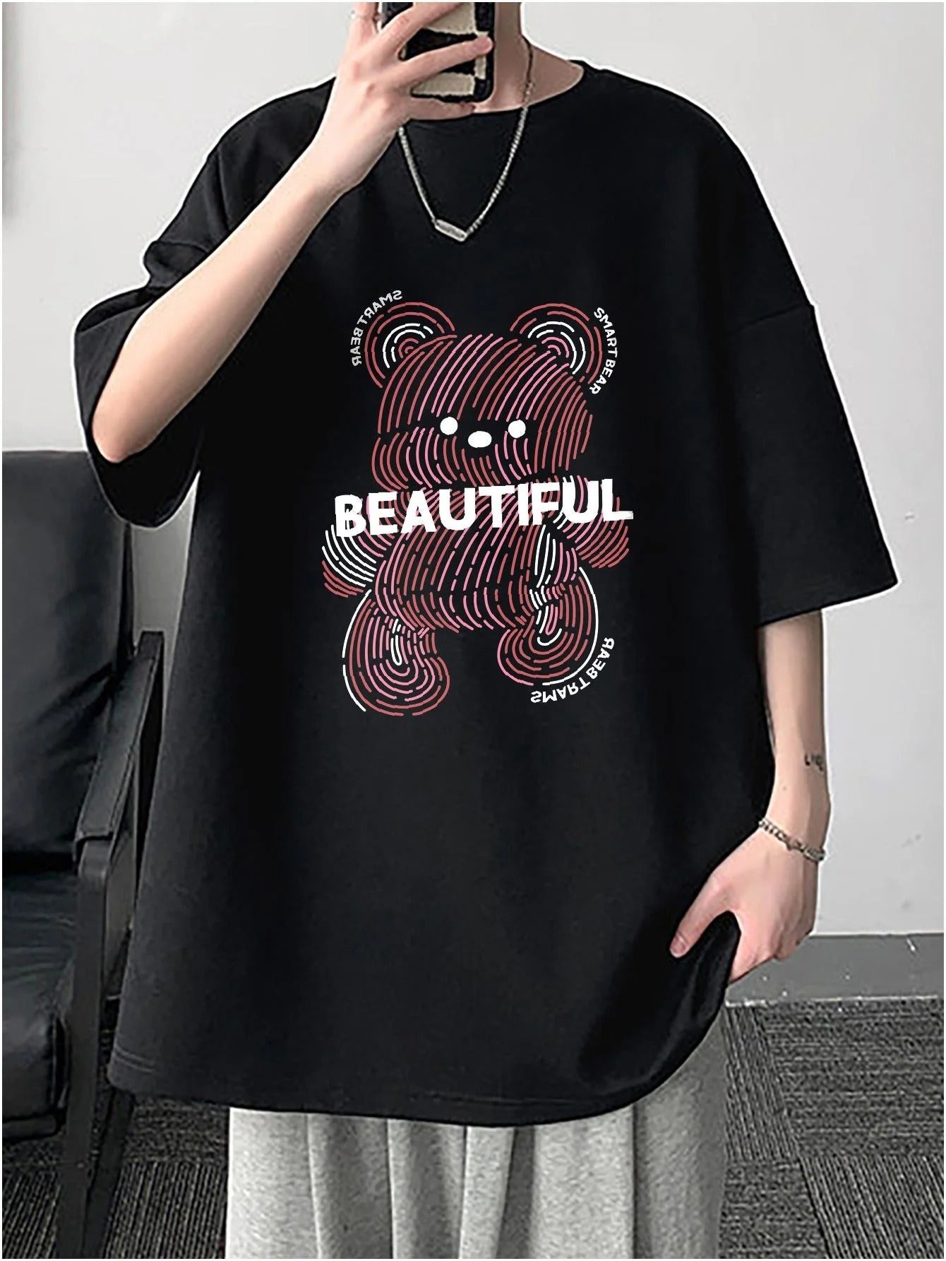 Camiseta Básica Unissex Com Estampa Ursinho Rabiscado - Preto