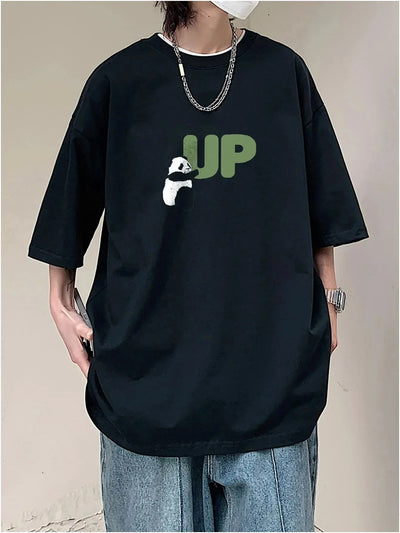 Camiseta Básica Unissex Com Estampa De Panda Fofinho  - Preto