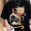 Camiseta Básica Unissex Com Estampa Gato Japonês Comendo Peixe- PRETO