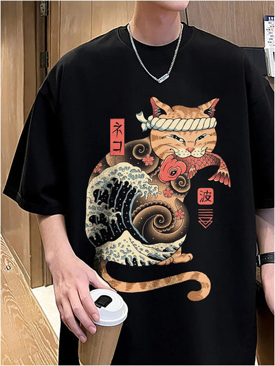 Camiseta Básica Unissex Com Estampa Gato Japonês Comendo Peixe- PRETO