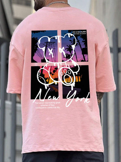 Camiseta Básica Unissex Rosa Bebê Com Estampa Ursinho Sentado PAisagem - Rosa Bebê