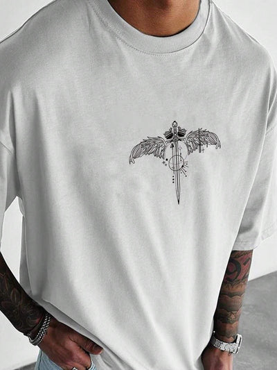 Camiseta Básica Unissex Com Estampa Espada Anjo Peito Central - Branco