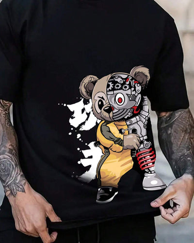 Camiseta Básica Preta Unissex Com Estampa Ursinho Robo - Preto
