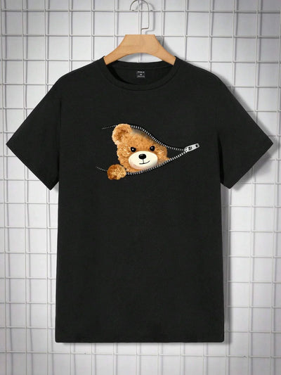 Camiseta Básica Preta Unissex Com Estampa Ursinho Ziper - Preto