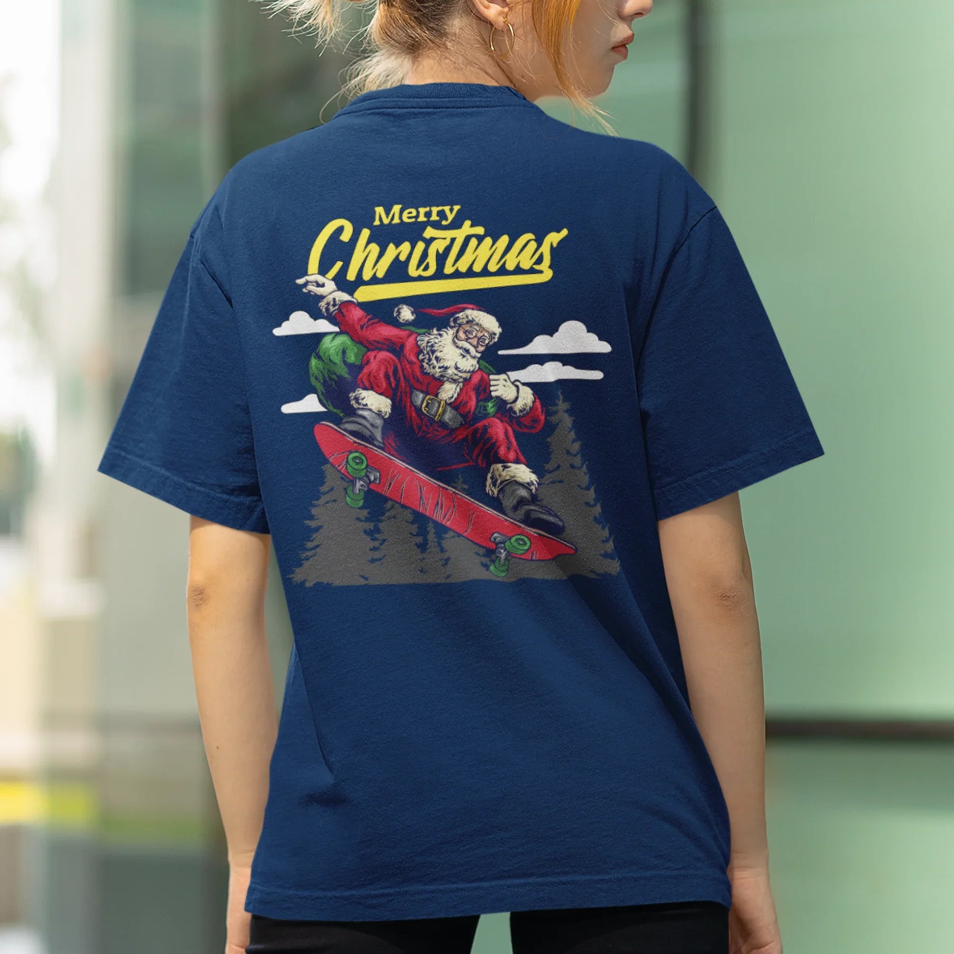 Camiseta Básica Azul Marinho Merry Christmas Papai Noel Skatista Natal 