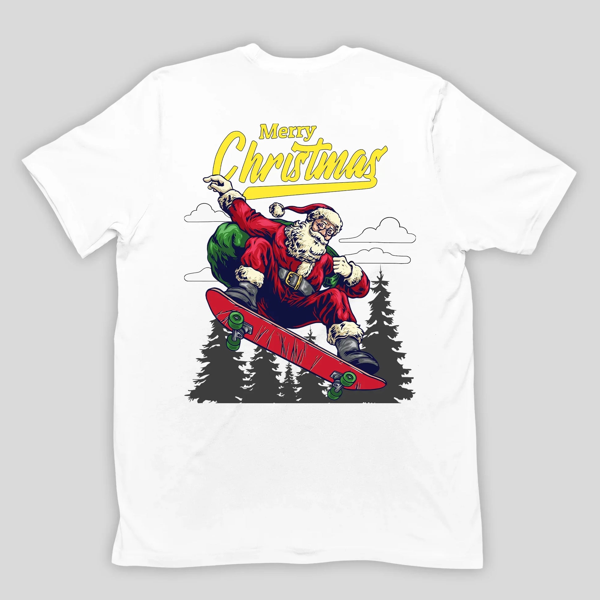 Camiseta Básica Branca Merry Christmas Papai Noel Skatista Natal 