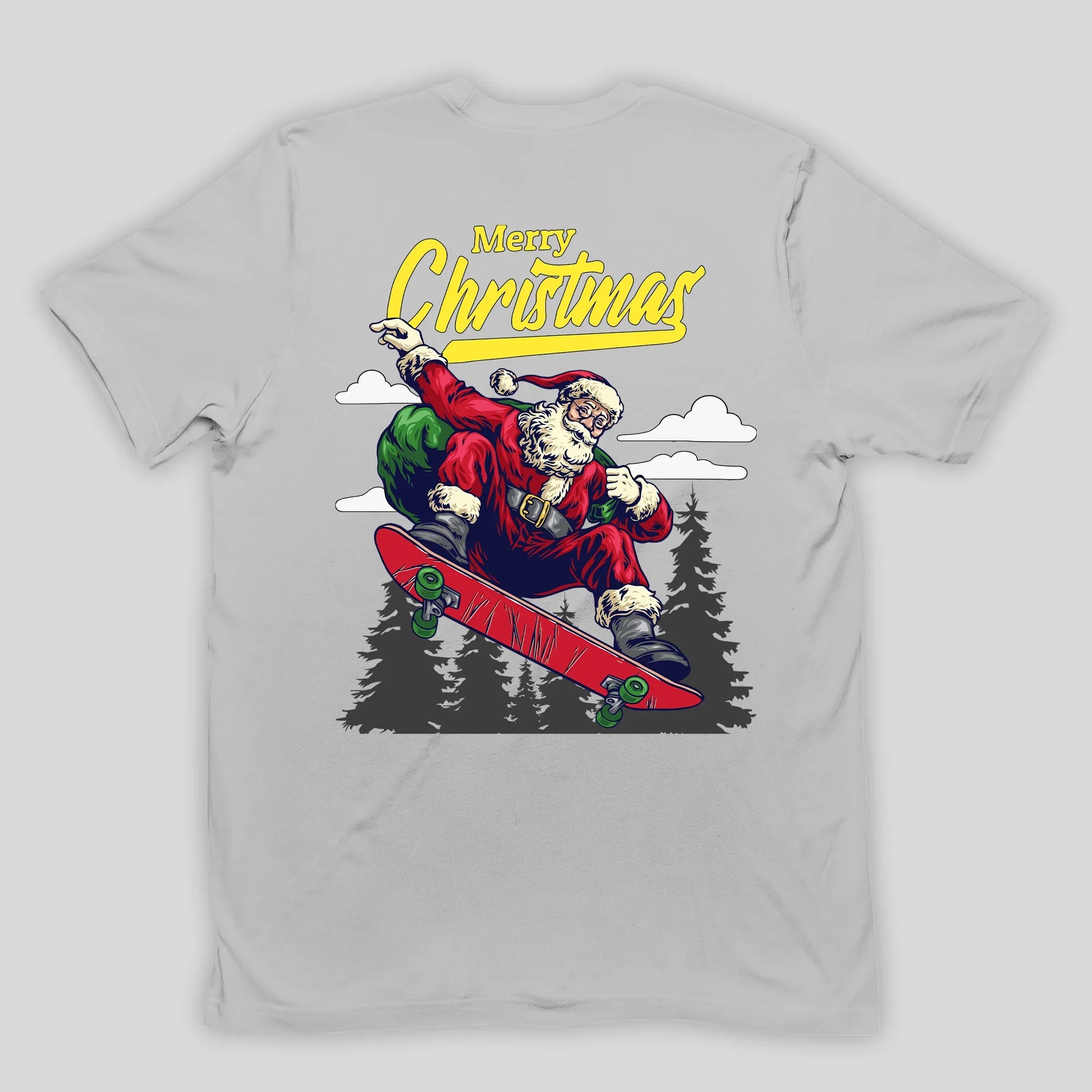 Camiseta Básica Cinza Merry Christmas Papai Noel Skatista Natal 