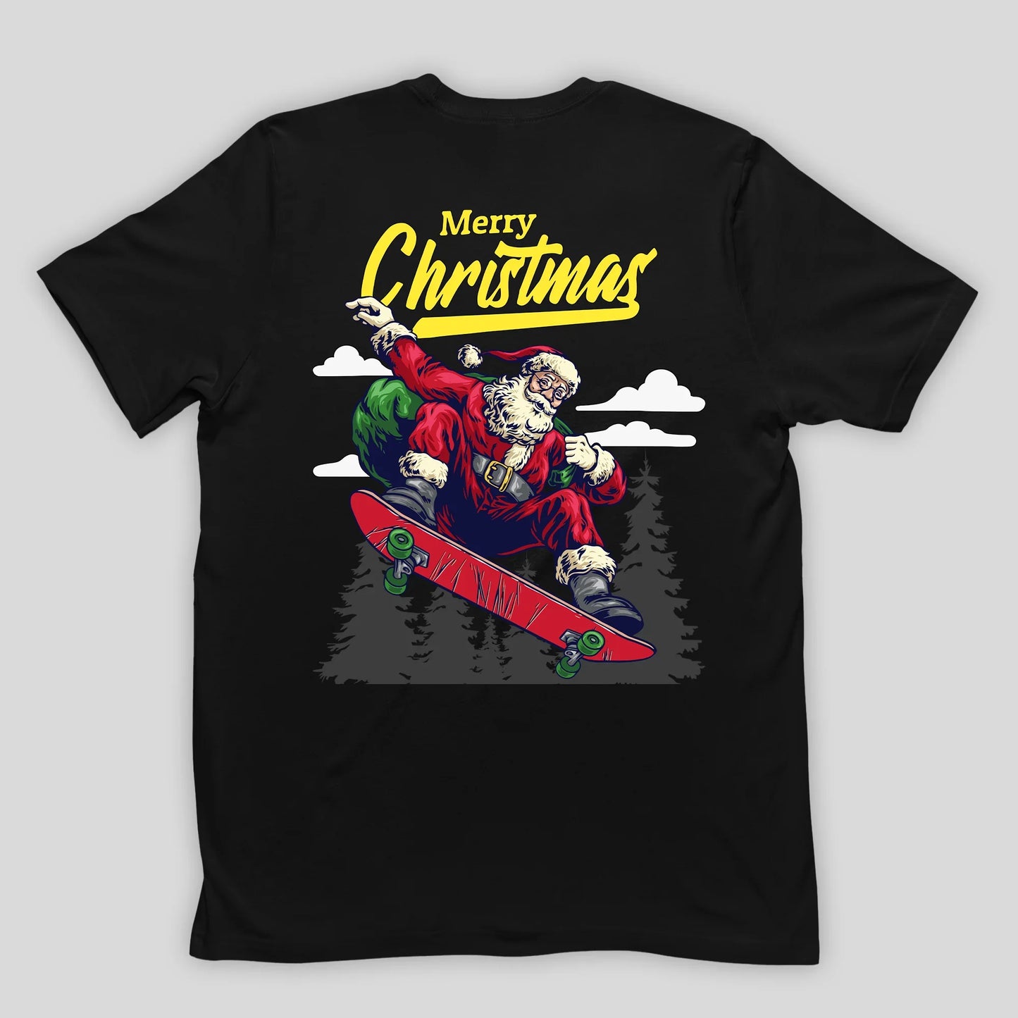 Camiseta Básica Preta Merry Christmas Papai Noel Skatista Natal 