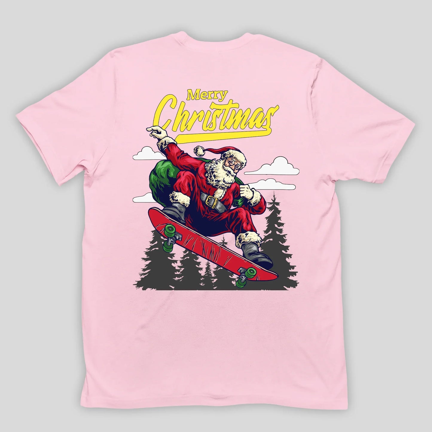 Camiseta Básica Rosa Bebê Merry Christmas Papai Noel Skatista Natal 
