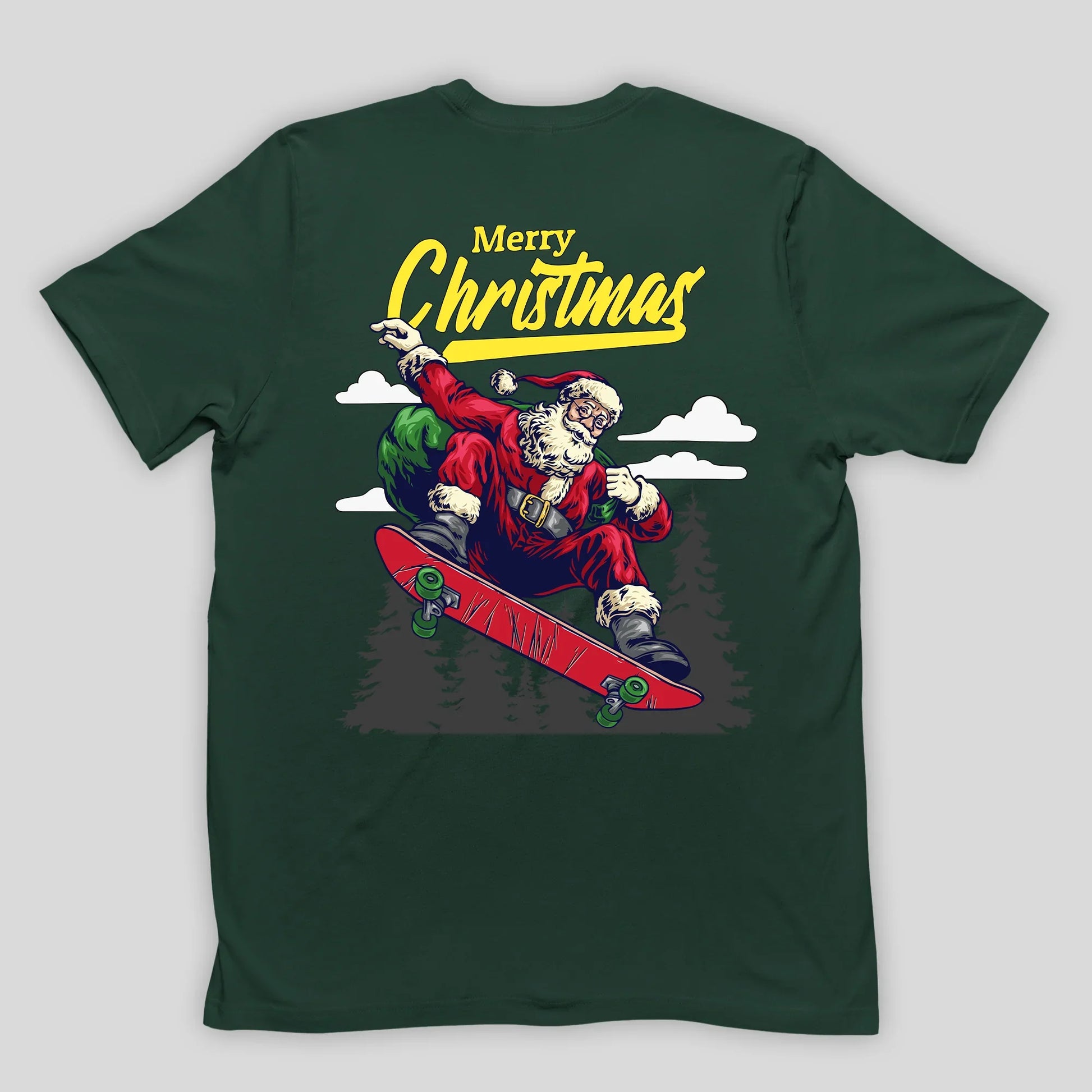 Camiseta Básica Verde Merry Christmas Papai Noel Skatista Natal 