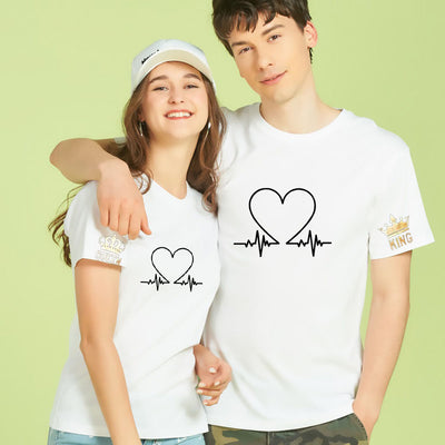 Camiseta Básica Casal My Heart Beat For You King And Queen - branco