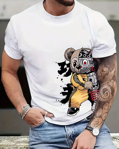 Camiseta Básica Branca Unissex Com Estampa Ursinho Robo - Branco