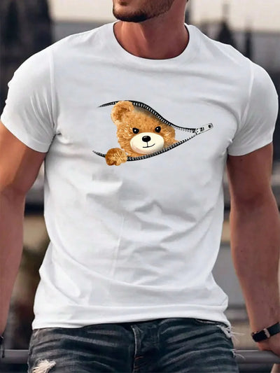 Camiseta Básica Unissex Com Estampa Ursinho Ziper - Branco