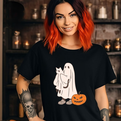 Camiseta Básica Com Estampa Fantasma Gatinho e Abobora- PRETO